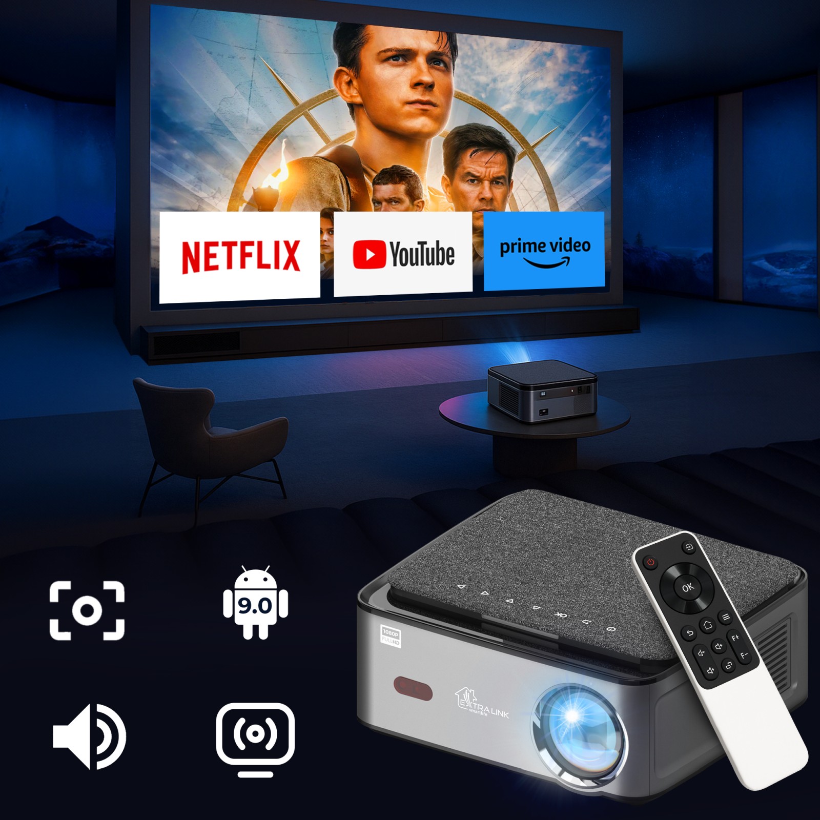 Extralink Smart Life Vision Pro | Projektor | 450 ANSI, 1080p, Android 9.0 - obrazek 4